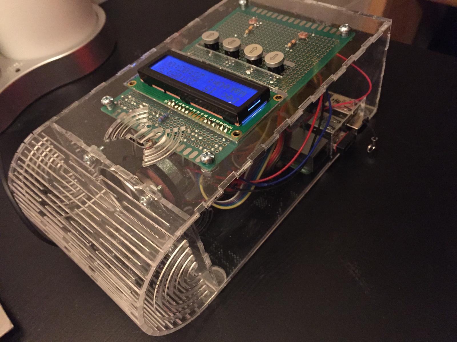 The finished alarm clock, three-quarter view
