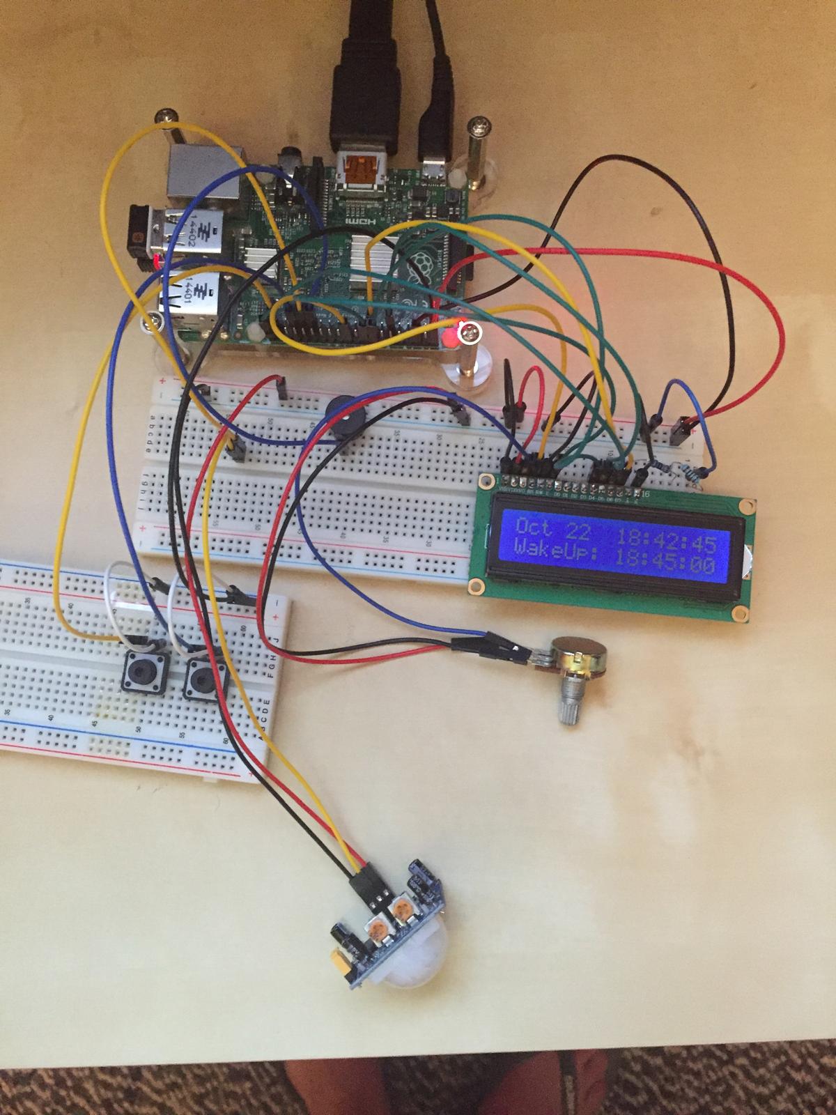 The starting point: Raspberry Pi, breadboard, LCD, and sensors