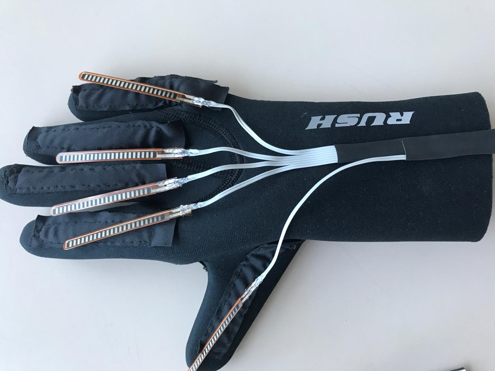 The glove, with a flex sensor running along each finger