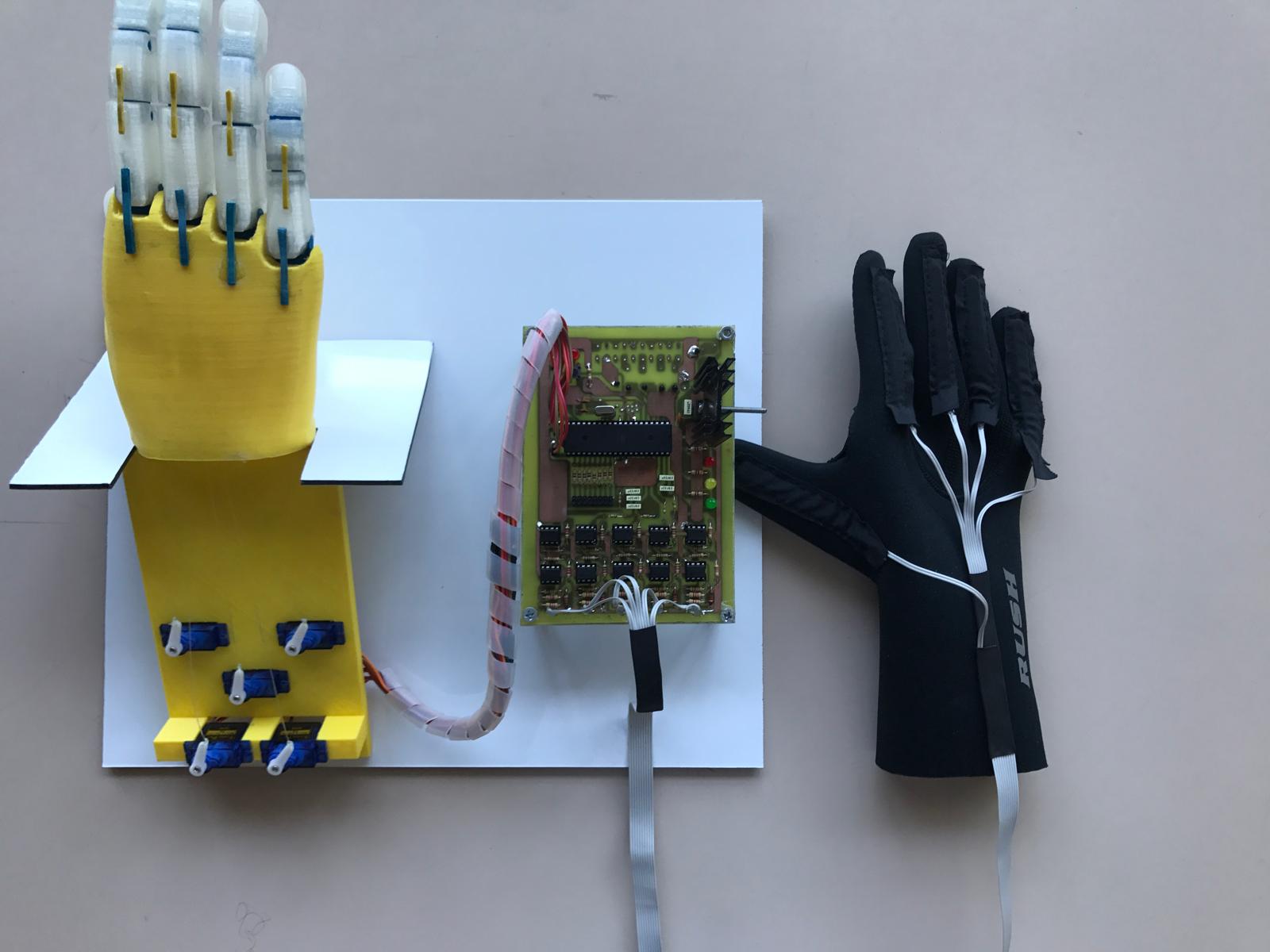 The robotic hand system: the 3D-printed hand with its servos, the custom control board, and the sensor glove