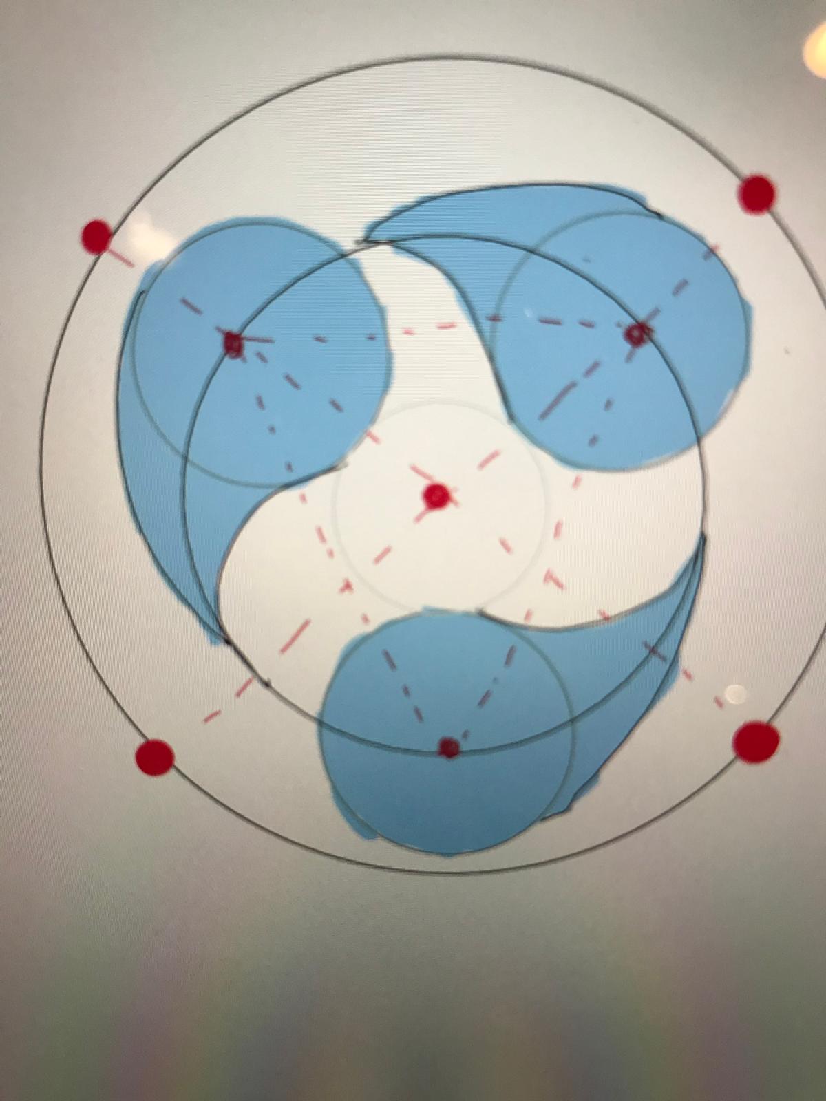 An early geometric construction of the Omnia logo: red nodes arranged around and within a circle, with overlapping blue petals forming a single swirling whole.