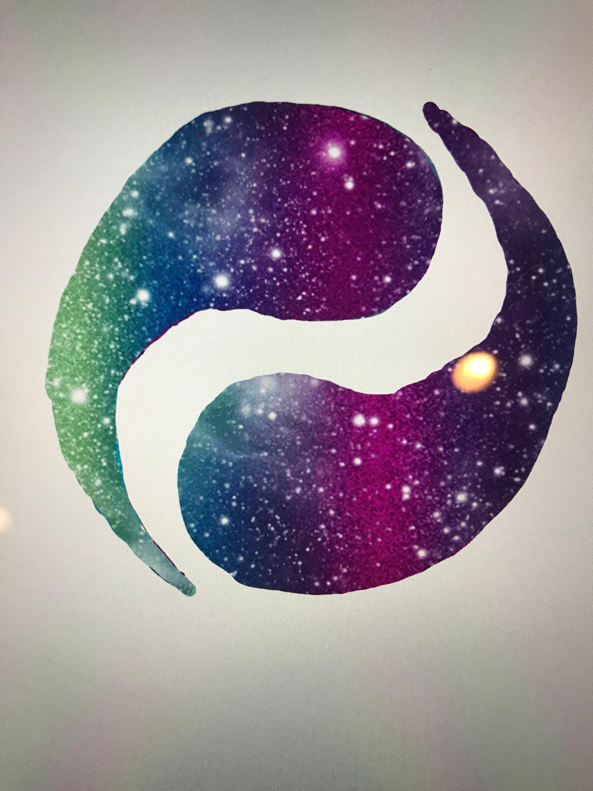 A later Omnia logo sketch: a yin-yang-style swirl of two interlocking teardrops filled with a green-to-magenta galaxy starfield.