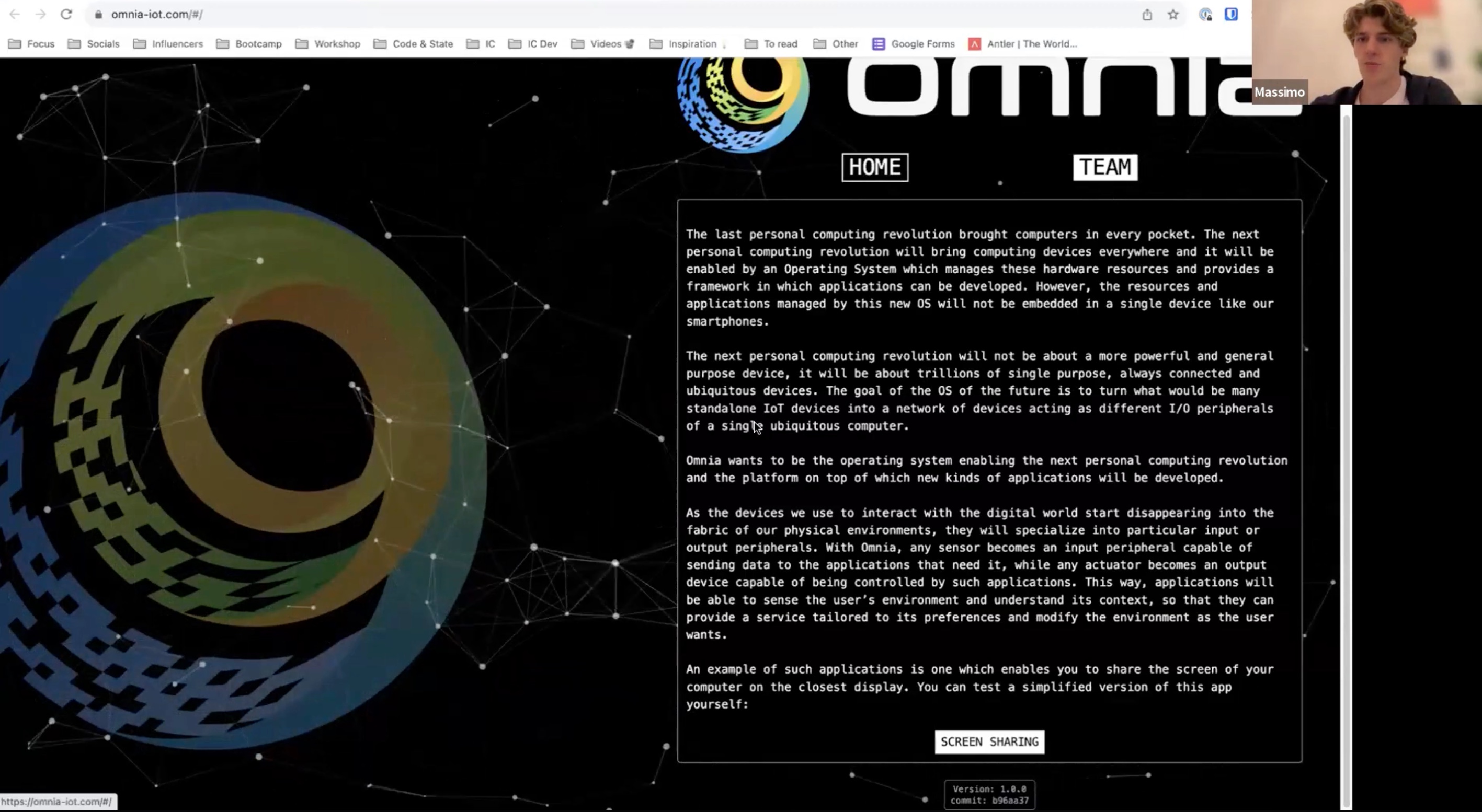 The finished Omnia logo and landing page (omnia-iot.com): the refined swirling galaxy-coloured emblem beside the "omnia" wordmark, with a manifesto describing the next personal-computing revolution — an OS turning trillions of single-purpose IoT devices into the input and output peripherals of one ubiquitous computer, disappearing into the fabric of our physical environments — and a "Screen sharing" demo button.