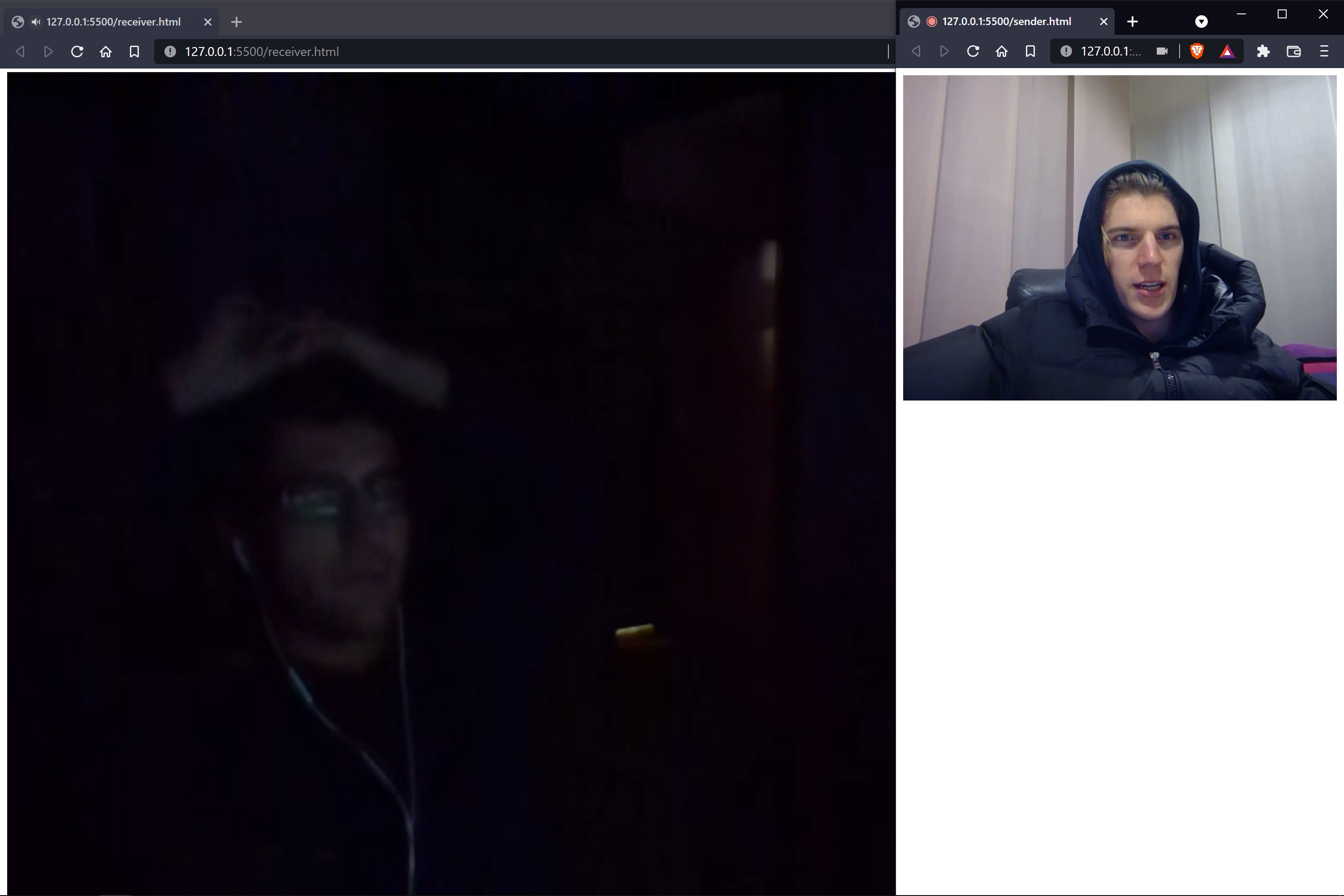 An early WebRTC test: two browser windows side by side — receiver.html and sender.html on localhost — showing a peer-to-peer video call between two of us on webcam.