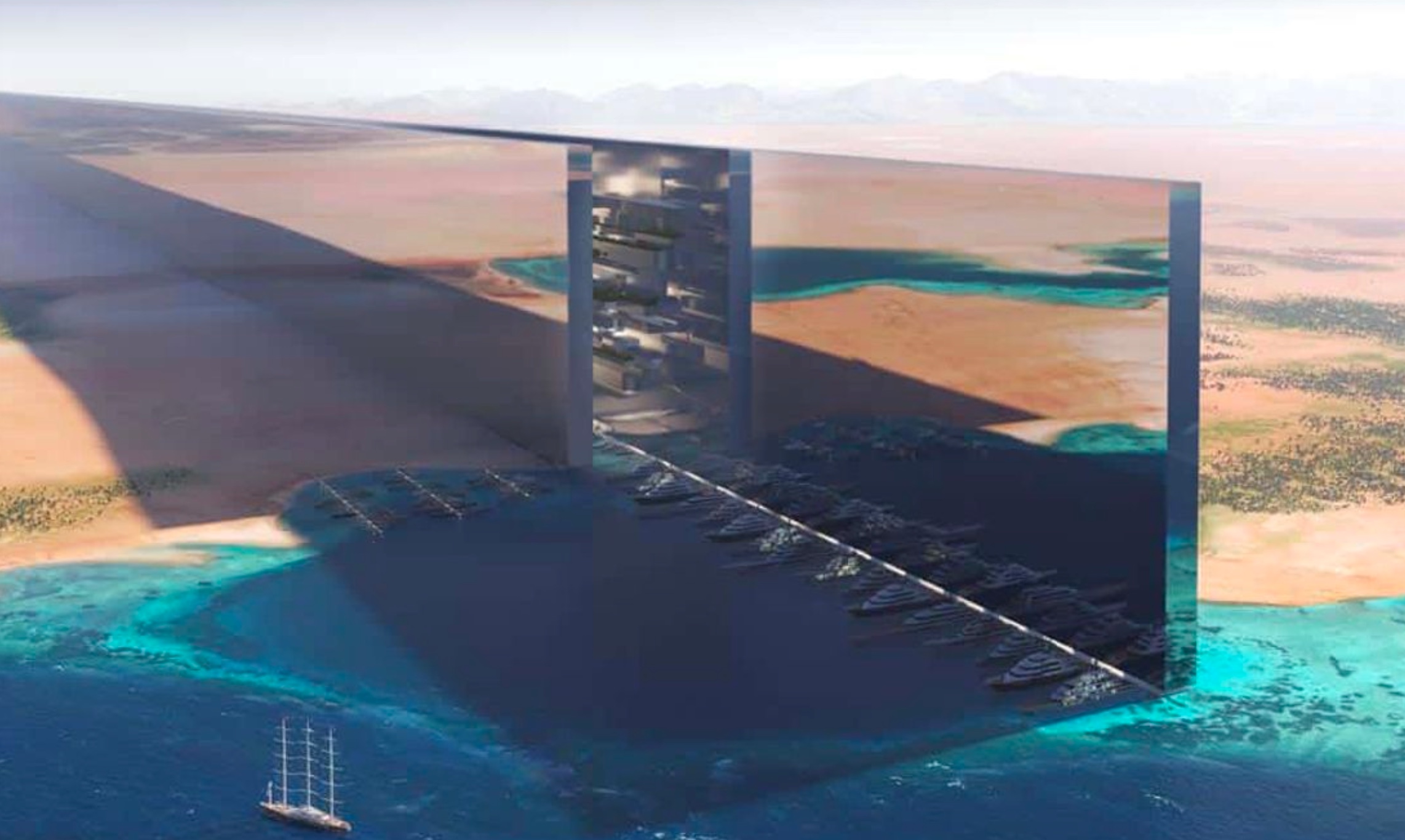 Artist's render of Neom's The Line: two enormous parallel mirrored skyscraper walls running straight through the desert down to the Red Sea, with a marina of boats between them.