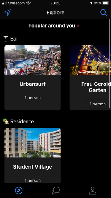 The SYT Explore screen — "Popular around you" — listing Zurich spots by category, like the Urbansurf bar and the Student Village residence, each with how many people signed up.