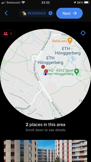 A map view in SYT showing student places around ETH Hönggerberg.