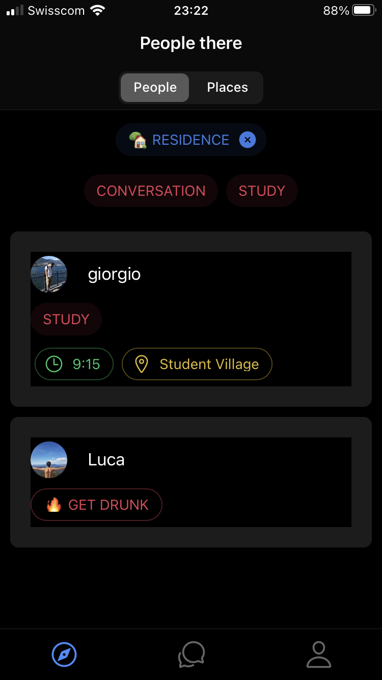 The "People there" screen in SYT, listing who is planning to be at a place and what they're up to — study, conversation, or "get drunk".