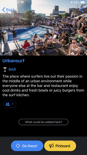A place page in SYT for Urbansurf, with a description and a "Go there!" button to register your interest.
