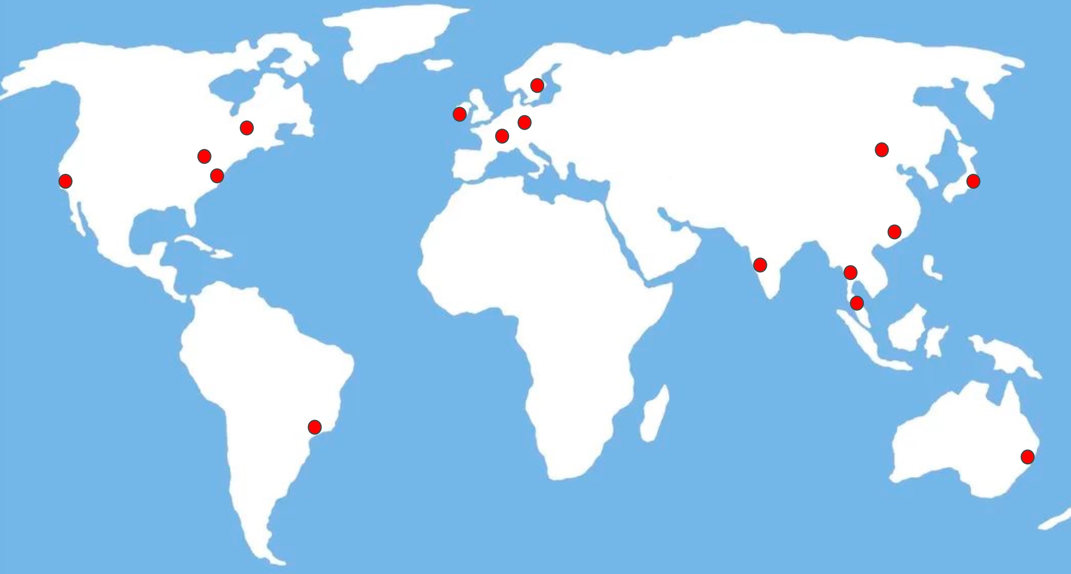 World map marking the roughly sixteen geographically distributed servers — across North America, South America, Europe, Asia, and Australia — on which the simplified Internet Computer Consensus and FICC were deployed for testing.