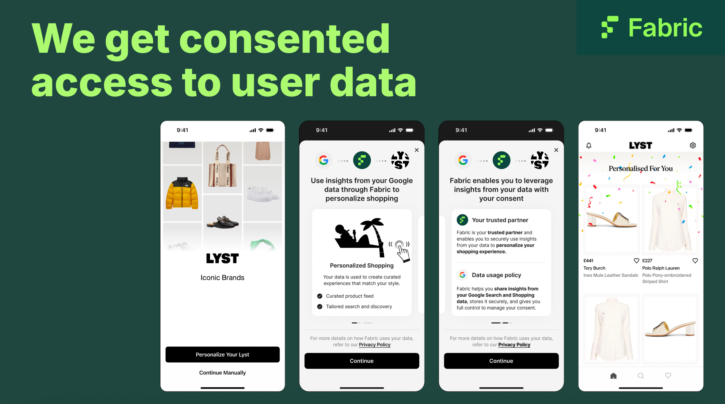 How the consent flow would have looked inside their app: personalize your feed, understand what Fabric does with your Google data, consent — and land on a feed picked for you.