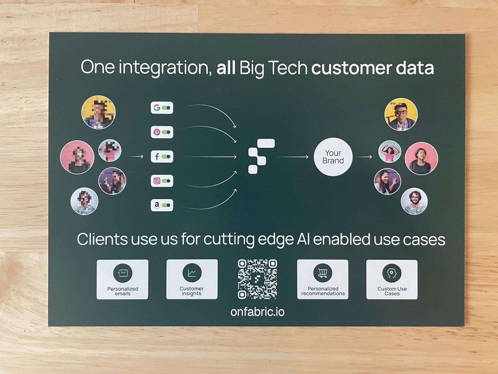 The other side: one integration, all Big Tech customer data — Amazon, Instagram, Facebook, Pinterest and Google flowing through Fabric into your brand, for personalized emails, customer insights, personalized recommendations, and custom use cases.