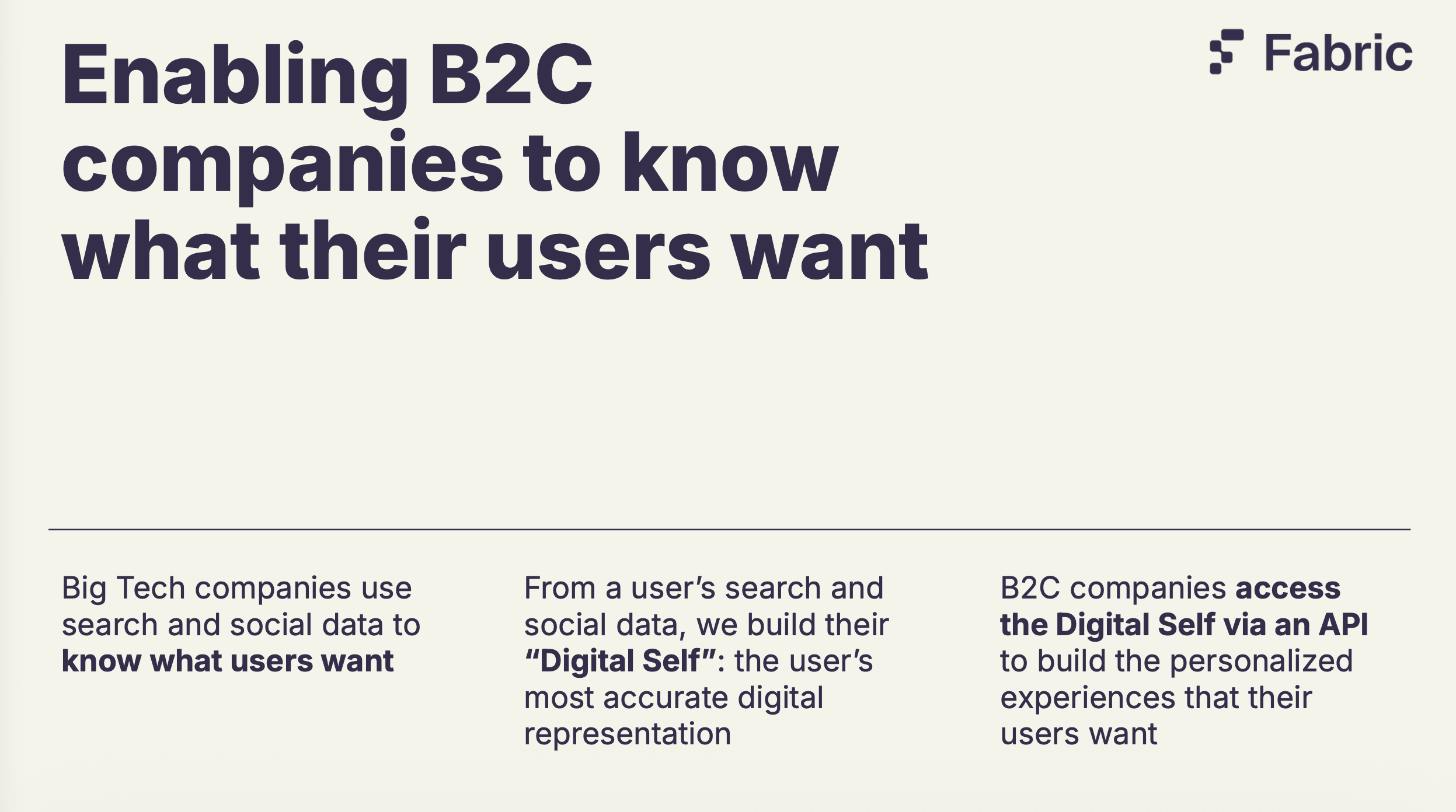 The same idea as a product: Big Tech uses search and social data to know what users want; from that data we build the user's Digital Self; and B2C companies access it via an API to build the personalized experiences their users want.