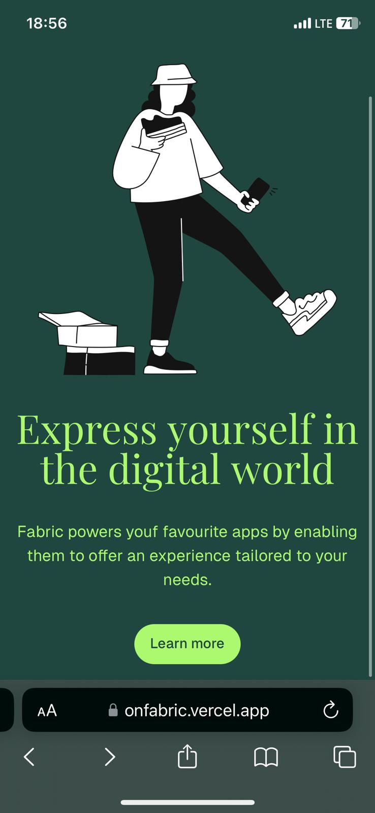 One of our early landing pages: "Express yourself in the digital world — Fabric powers your favourite apps by enabling them to offer an experience tailored to your needs."